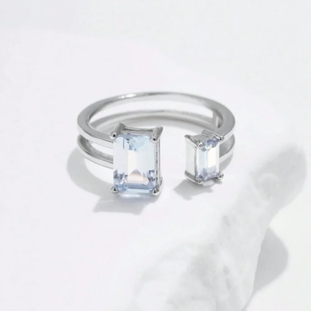 925 Silver Emerald Cut CZ Ring Stone Light Blue Cuff Ring Modern Sz 6 - 9